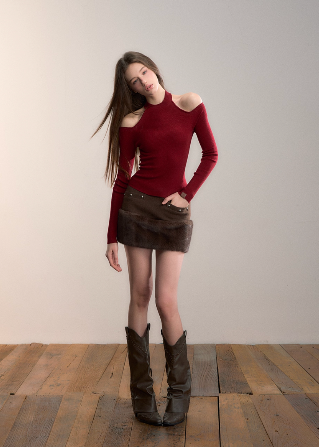 VIA PITTI off shoulder top, cutout turtleneck knit, Y2K wool blend top, sexy slim knitwear women, autumn winter street top, ribbed cut-out turtleneck, Korean Y2K knit top, VIA PITTI slim fit sweater, cold shoulder high neck top