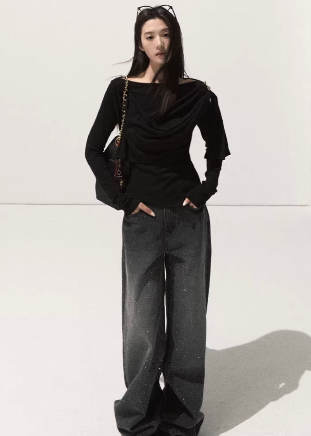 OAKMOO jeans, rhinestone jeans women, vintage washed denim, Korean street style pants, wide-leg straight jeans, sparkly rhinestone denim, winter streetwear outfit, loose casual denim pants, trendy crystal jeans