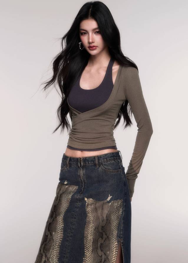 LuluSwings halter top, layered two-piece top, halterneck long sleeve shirt, Korean stylish hot girl top, modern wrap style top, city girl slim long sleeve, sexy clean halter tee, tank and sleeve set top, sleek fitted Korean top, AW stylish layering top, trendy halter layering piece, contour fit halter shirt