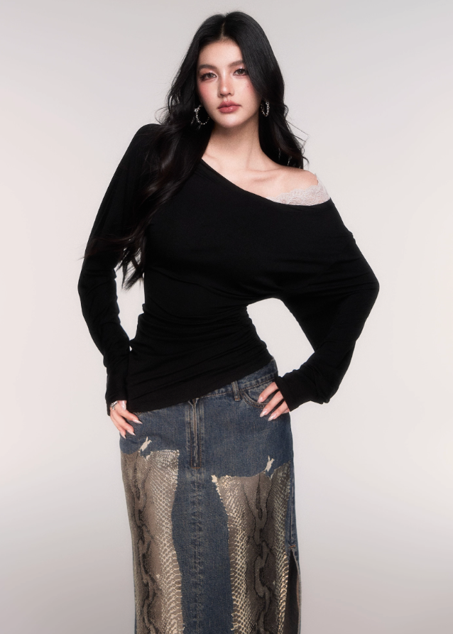 LuluSwings off shoulder top, lace panel long sleeve, Tencel slim fit shirt, Korean stylish off-shoulder tee, feminine cross-shoulder top, elegant casual long sleeve, cinched waist Tencel top, black off shoulder slim tee, white lace shoulder top, modern Korean chic top, soft sexy everyday top, AW layering top women