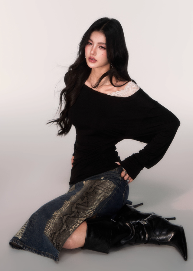 LuluSwings off shoulder top, lace panel long sleeve, Tencel slim fit shirt, Korean stylish off-shoulder tee, feminine cross-shoulder top, elegant casual long sleeve, cinched waist Tencel top, black off shoulder slim tee, white lace shoulder top, modern Korean chic top, soft sexy everyday top, AW layering top women