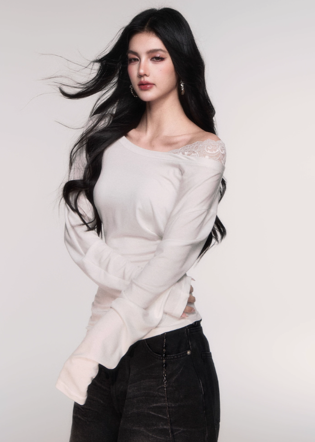 LuluSwings off shoulder top, lace panel long sleeve, Tencel slim fit shirt, Korean stylish off-shoulder tee, feminine cross-shoulder top, elegant casual long sleeve, cinched waist Tencel top, black off shoulder slim tee, white lace shoulder top, modern Korean chic top, soft sexy everyday top, AW layering top women