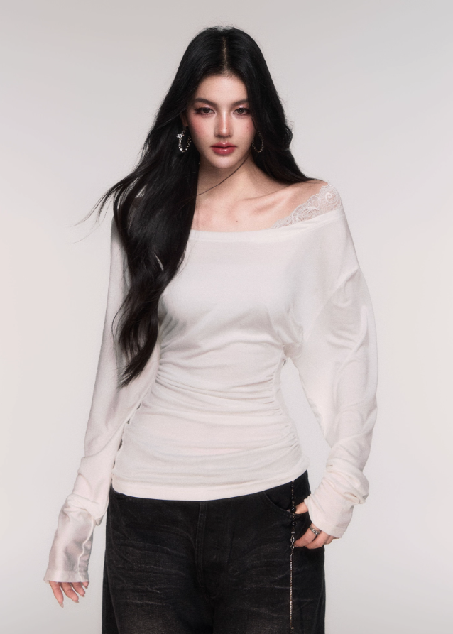 LuluSwings off shoulder top, lace panel long sleeve, Tencel slim fit shirt, Korean stylish off-shoulder tee, feminine cross-shoulder top, elegant casual long sleeve, cinched waist Tencel top, black off shoulder slim tee, white lace shoulder top, modern Korean chic top, soft sexy everyday top, AW layering top women
