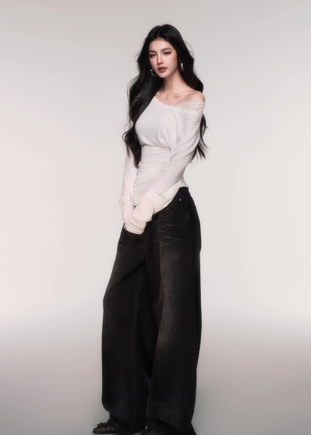 LuluSwings off shoulder top, lace panel long sleeve, Tencel slim fit shirt, Korean stylish off-shoulder tee, feminine cross-shoulder top, elegant casual long sleeve, cinched waist Tencel top, black off shoulder slim tee, white lace shoulder top, modern Korean chic top, soft sexy everyday top, AW layering top women