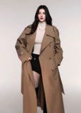 LuluSwings trench coat, khaki long trench, double breasted trench coat women, classic lapel long coat, modern Korean city style coat, stylish autumn winter outerwear, chic khaki overcoat, timeless silhouette trench, elegant long lapel coat, trendy street chic coat, AW stylish outerwear women