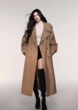 LuluSwings trench coat, khaki long trench, double breasted trench coat women, classic lapel long coat, modern Korean city style coat, stylish autumn winter outerwear, chic khaki overcoat, timeless silhouette trench, elegant long lapel coat, trendy street chic coat, AW stylish outerwear women