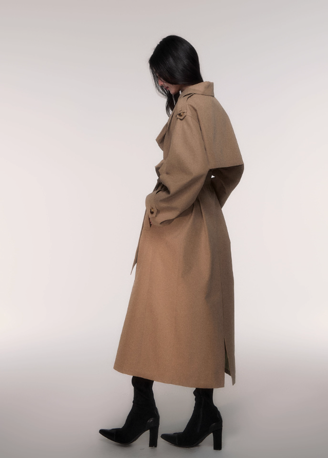 LuluSwings trench coat, khaki long trench, double breasted trench coat women, classic lapel long coat, modern Korean city style coat, stylish autumn winter outerwear, chic khaki overcoat, timeless silhouette trench, elegant long lapel coat, trendy street chic coat, AW stylish outerwear women