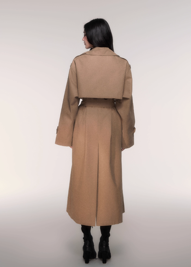 LuluSwings trench coat, khaki long trench, double breasted trench coat women, classic lapel long coat, modern Korean city style coat, stylish autumn winter outerwear, chic khaki overcoat, timeless silhouette trench, elegant long lapel coat, trendy street chic coat, AW stylish outerwear women
