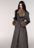 LuluSwings wool coat, hourglass waist coat, detachable fur scarf coat, grey long wool jacket, elegant Korean winter coat, stylish city girl outerwear, luxury silhouette coat, double breasted hourglass coat, faux fur cuff coat, chic long wool coat, winter fashion high-end coat, modern Korean elegant coat, AW luxury outerwear women