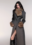 LuluSwings wool coat, hourglass waist coat, detachable fur scarf coat, grey long wool jacket, elegant Korean winter coat, stylish city girl outerwear, luxury silhouette coat, double breasted hourglass coat, faux fur cuff coat, chic long wool coat, winter fashion high-end coat, modern Korean elegant coat, AW luxury outerwear women