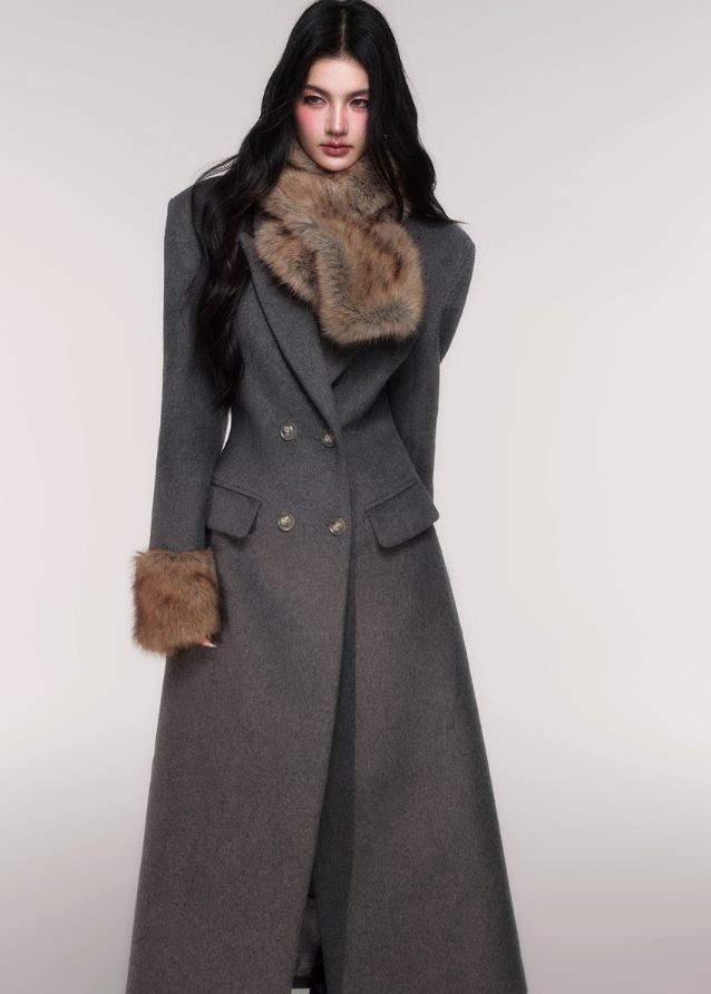 LuluSwings wool coat, hourglass waist coat, detachable fur scarf coat, grey long wool jacket, elegant Korean winter coat, stylish city girl outerwear, luxury silhouette coat, double breasted hourglass coat, faux fur cuff coat, chic long wool coat, winter fashion high-end coat, modern Korean elegant coat, AW luxury outerwear women