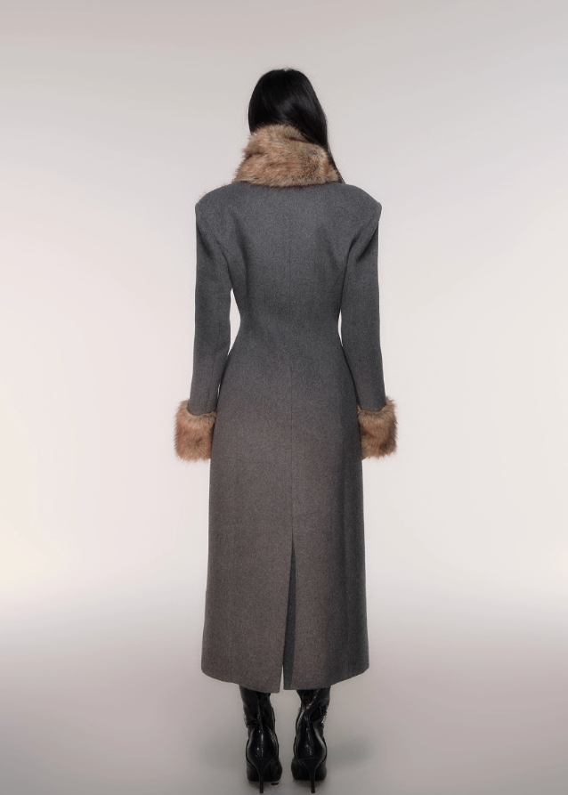 LuluSwings wool coat, hourglass waist coat, detachable fur scarf coat, grey long wool jacket, elegant Korean winter coat, stylish city girl outerwear, luxury silhouette coat, double breasted hourglass coat, faux fur cuff coat, chic long wool coat, winter fashion high-end coat, modern Korean elegant coat, AW luxury outerwear women