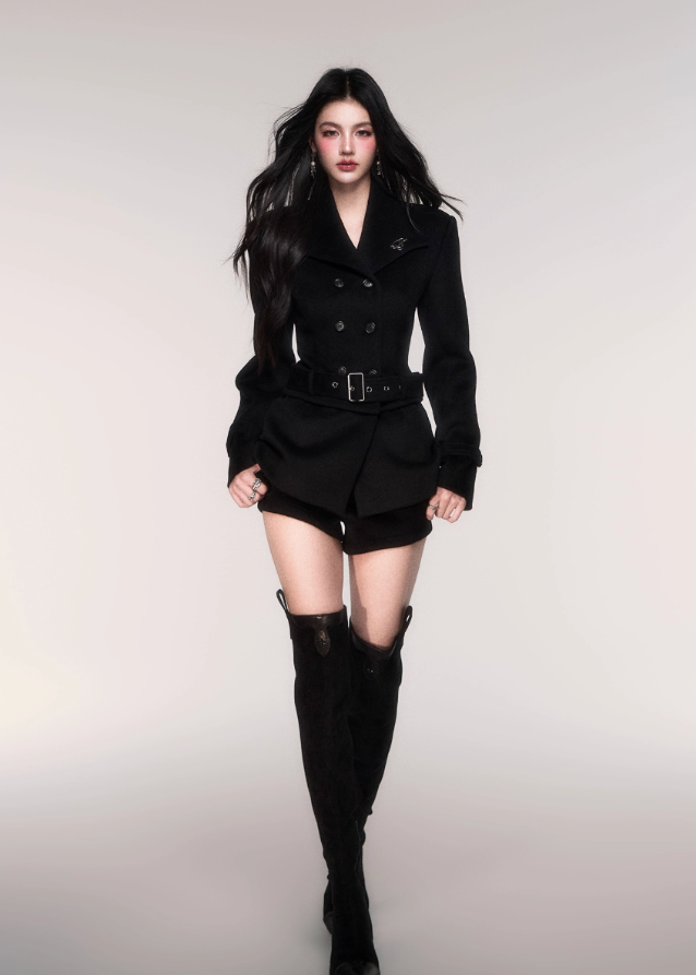 LuluSwings black wool jacket, waist cinched short coat, detachable hem wool jacket, Korean stylish outerwear, sassy wool short coat, modern city girl jacket, sculpted waist wool coat, black chic wool jacket, trendy short winter coat, convertible wool jacket, feminine silhouette outerwear, AW Korean fashion coat women