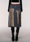 LuluSwings denim skirt, python print denim, patchwork denim midi, slit straight skirt women, urban chic snake print skirt, Korean stylish denim bottom, modern city girl skirt, mixed denim python design, edgy fashion denim skirt, street style midi skirt, high slit denim skirt, AW trendy bottom women
