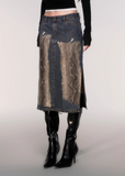 LuluSwings denim skirt, python print denim, patchwork denim midi, slit straight skirt women, urban chic snake print skirt, Korean stylish denim bottom, modern city girl skirt, mixed denim python design, edgy fashion denim skirt, street style midi skirt, high slit denim skirt, AW trendy bottom women