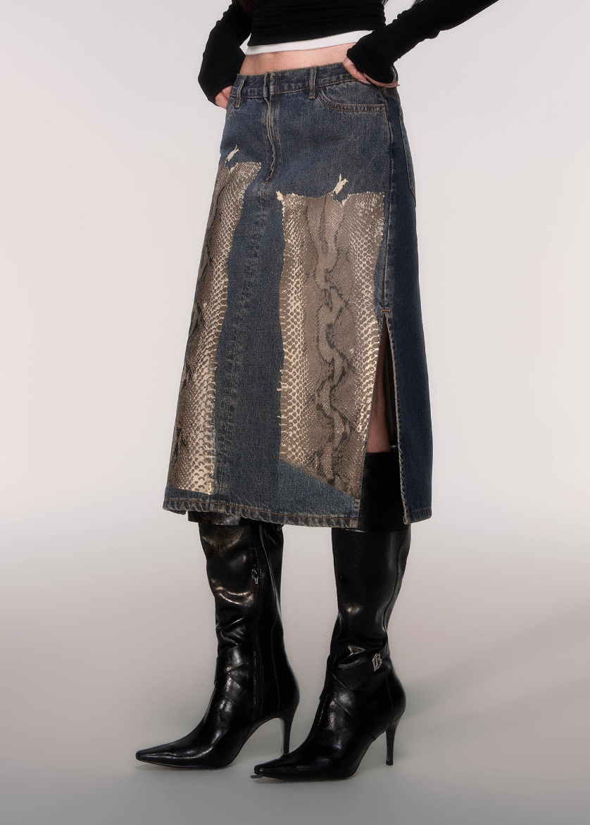 LuluSwings denim skirt, python print denim, patchwork denim midi, slit straight skirt women, urban chic snake print skirt, Korean stylish denim bottom, modern city girl skirt, mixed denim python design, edgy fashion denim skirt, street style midi skirt, high slit denim skirt, AW trendy bottom women