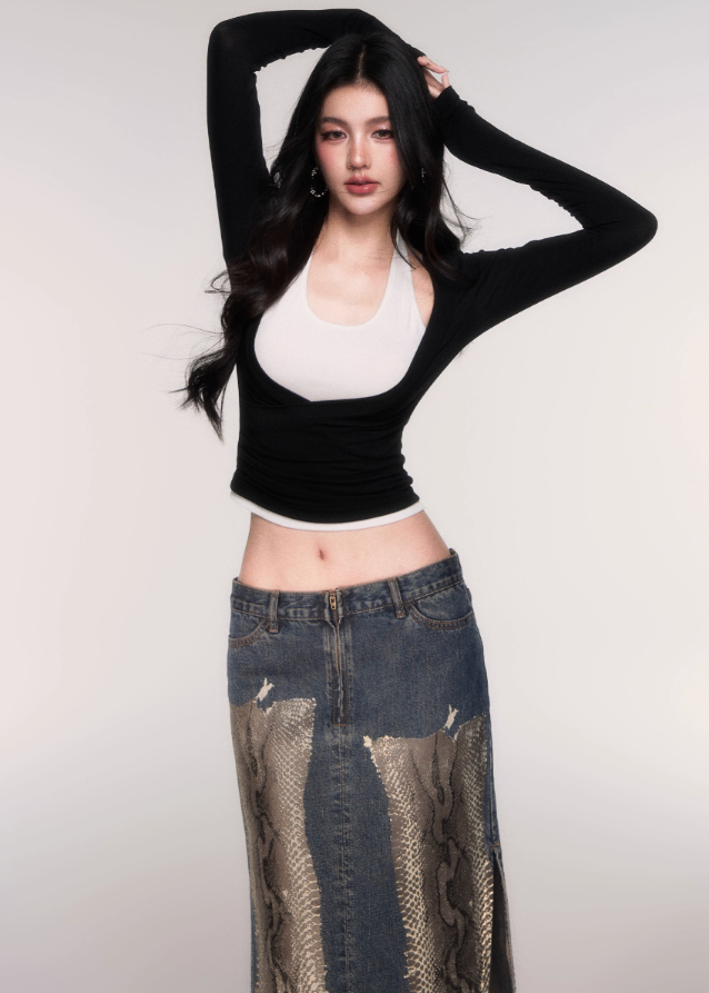 LuluSwings denim skirt, python print denim, patchwork denim midi, slit straight skirt women, urban chic snake print skirt, Korean stylish denim bottom, modern city girl skirt, mixed denim python design, edgy fashion denim skirt, street style midi skirt, high slit denim skirt, AW trendy bottom women