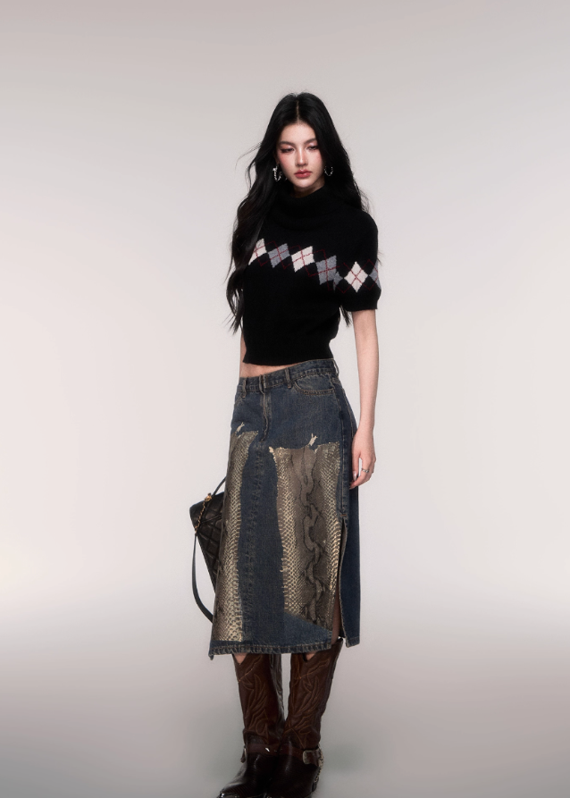 LuluSwings denim skirt, python print denim, patchwork denim midi, slit straight skirt women, urban chic snake print skirt, Korean stylish denim bottom, modern city girl skirt, mixed denim python design, edgy fashion denim skirt, street style midi skirt, high slit denim skirt, AW trendy bottom women