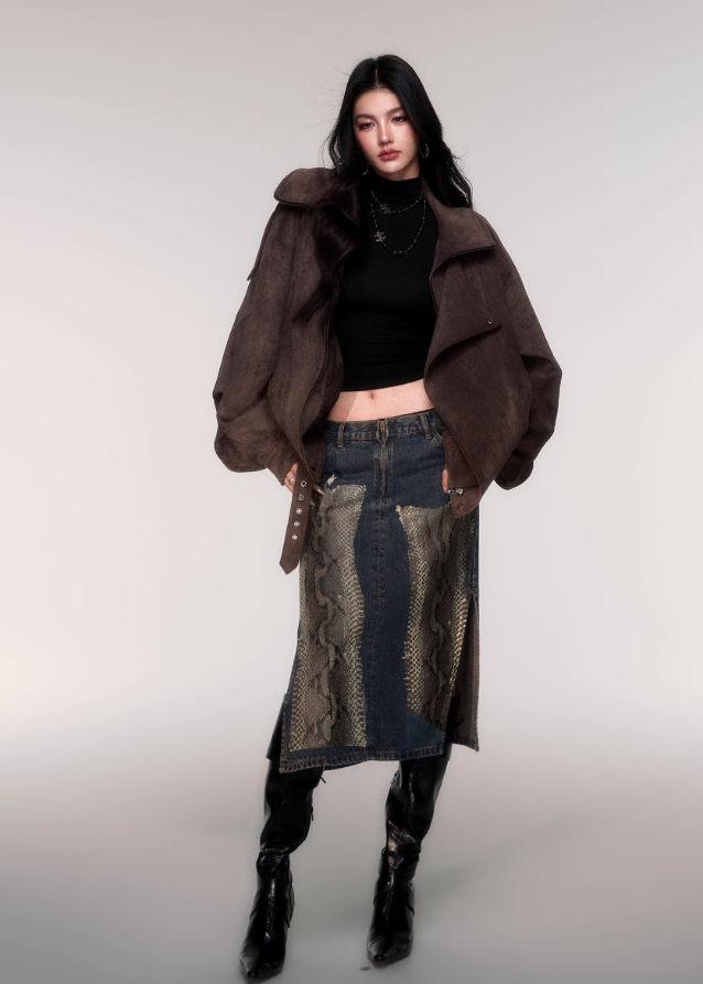 LuluSwings denim skirt, python print denim, patchwork denim midi, slit straight skirt women, urban chic snake print skirt, Korean stylish denim bottom, modern city girl skirt, mixed denim python design, edgy fashion denim skirt, street style midi skirt, high slit denim skirt, AW trendy bottom women