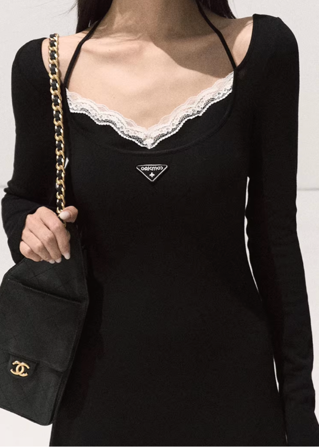 OAKMOO dress, halterneck lace dress, fake two-piece dress, black long sleeve dress, Korean street fashion dress, winter slimming dress, layered lace dress, waist pinched dress, Y2K dark feminine dress, black suspender dress women