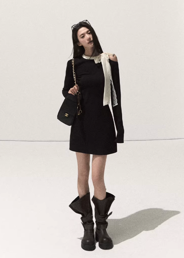 OAKMOO dress, black lace bow dress, lyocell slim dress, fall winter knit dress, Korean street style dress, long sleeve slim dress, ribbon detail dress, feminine black dress, lace-tie dress women, minimalist dark dress