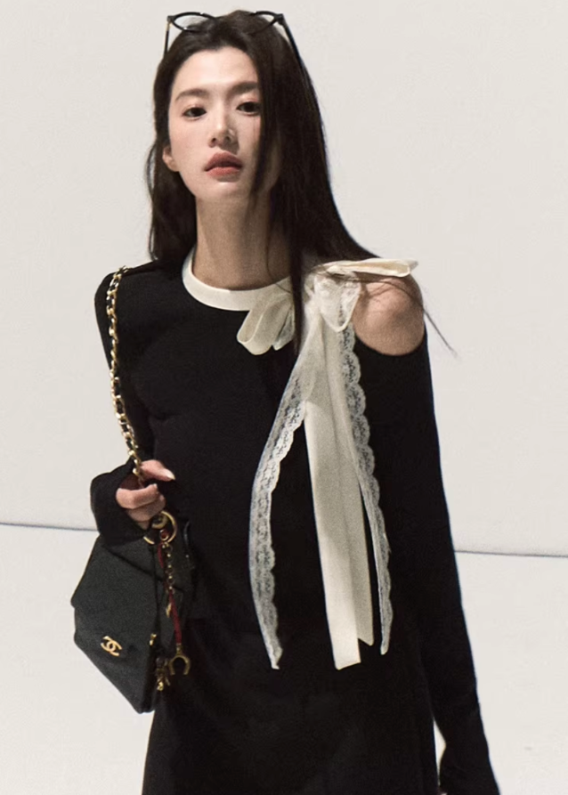 OAKMOO dress, black lace bow dress, lyocell slim dress, fall winter knit dress, Korean street style dress, long sleeve slim dress, ribbon detail dress, feminine black dress, lace-tie dress women, minimalist dark dress