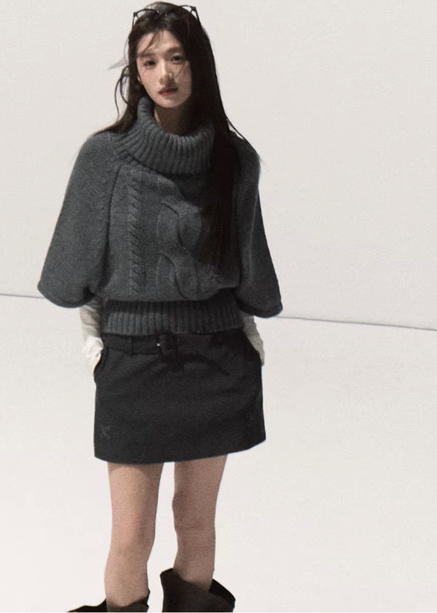 OAKMOO knit sweater, chunky cable knit, turtleneck poncho sweater, winter cape knit top, coarse needle sweater, layered knit pullover, Korean street style knit, vintage cable turtleneck, oversized winter knit, fall winter knitwear women