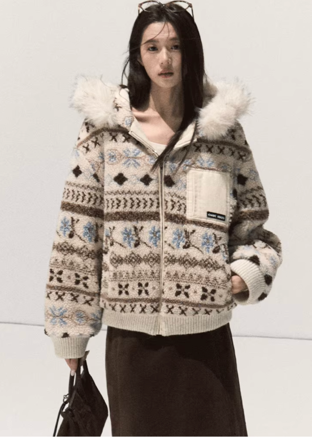 OAKMOO winter jacket, Fair Isle jacquard coat, detachable fur collar hoodie, lambhair hooded jacket, vintage knit jacket women, thick winter short coat, Korean street style winter top, retro jacquard hoodie, fur trim hooded jacket, fall winter outerwear women