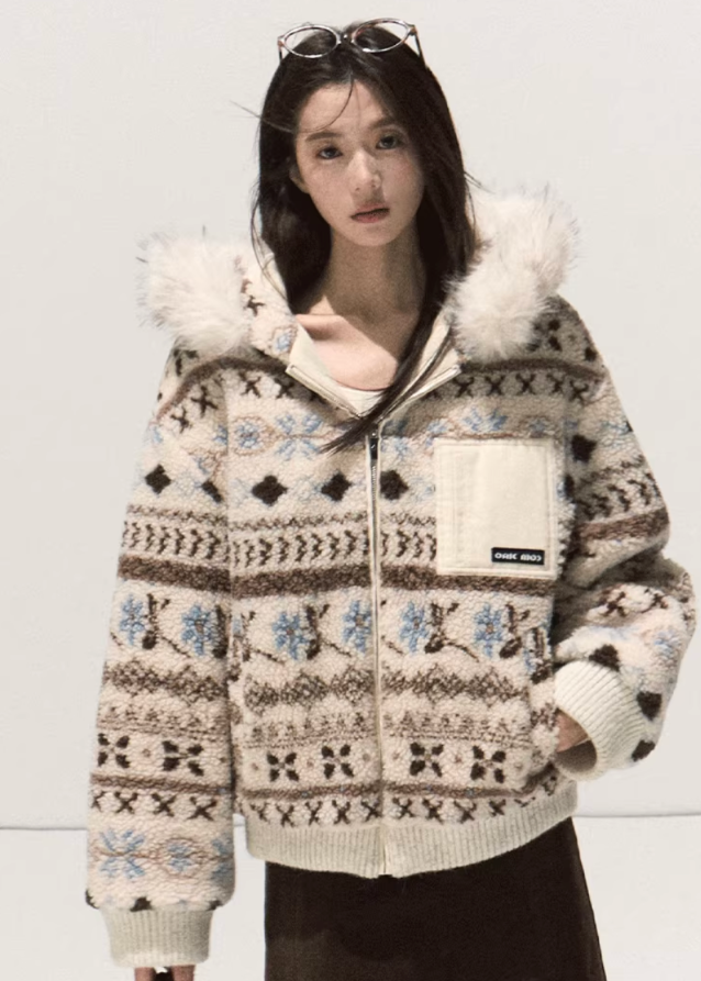 OAKMOO winter jacket, Fair Isle jacquard coat, detachable fur collar hoodie, lambhair hooded jacket, vintage knit jacket women, thick winter short coat, Korean street style winter top, retro jacquard hoodie, fur trim hooded jacket, fall winter outerwear women