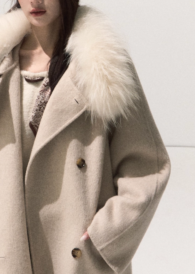 OAKMOO merino wool coat, reversible wool coat women, detachable raccoon fur collar coat, long winter wool coat, premium merino outerwear, double-breasted reversible coat, Korean minimalist winter coat, luxury long wool jacket, fur collar maxi coat, fall winter premium coat women