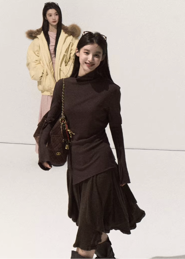 OAKMOO knit skirt, asymmetric wool skirt, irregular drape skirt, winter knit A-line skirt, sculptural knitwear skirt, Korean minimalist fashion, ruffle hem knit skirt, slimming winter skirt, elegant wool midi skirt, designer asymmetric skirt women