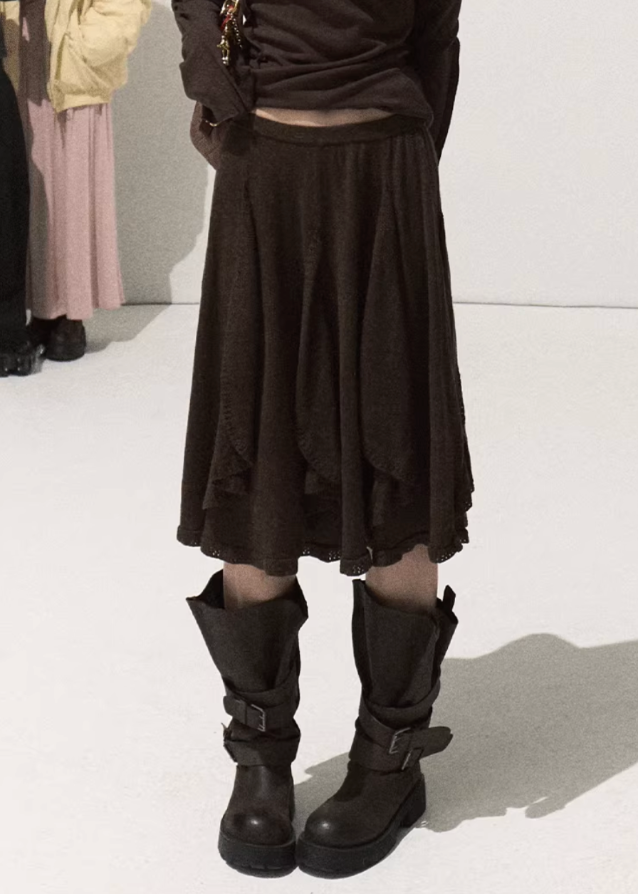 OAKMOO knit skirt, asymmetric wool skirt, irregular drape skirt, winter knit A-line skirt, sculptural knitwear skirt, Korean minimalist fashion, ruffle hem knit skirt, slimming winter skirt, elegant wool midi skirt, designer asymmetric skirt women