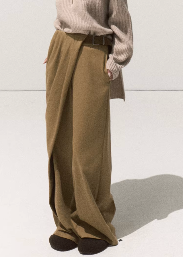 OAKMOO wide leg pants, winter drape trousers, pressed pleat pants women, brushed TR trousers, casual straight long pants, Korean minimalist pants, sculptural tailoring trousers, loose wide leg winter pants, neutral tone trousers women