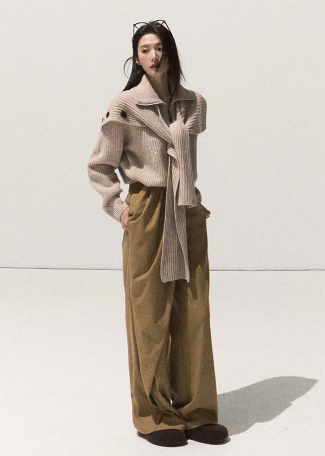 OAKMOO wide leg pants, winter drape trousers, pressed pleat pants women, brushed TR trousers, casual straight long pants, Korean minimalist pants, sculptural tailoring trousers, loose wide leg winter pants, neutral tone trousers women