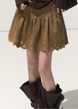 OAKMOO suede skirt, perforated suede skirt, carved hem skirt women, A-line suede mini, fall winter suede skirt, brown suede short skirt, Korean designer suede skirt, sculpted hem skirt, neutral earthy skirts women