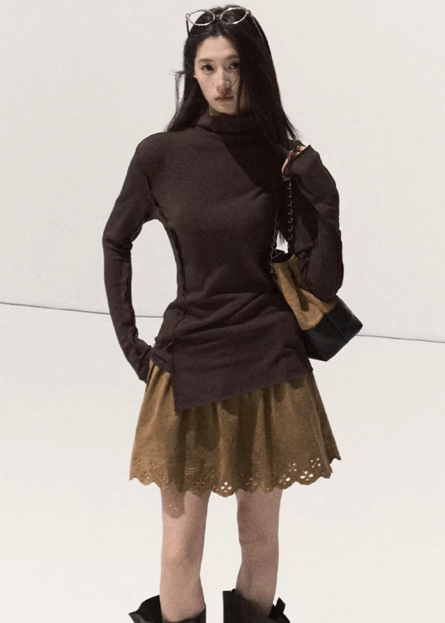 OAKMOO suede skirt, perforated suede skirt, carved hem skirt women, A-line suede mini, fall winter suede skirt, brown suede short skirt, Korean designer suede skirt, sculpted hem skirt, neutral earthy skirts women