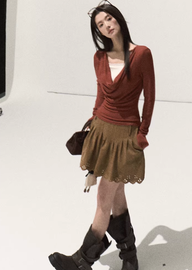 OAKMOO suede skirt, perforated suede skirt, carved hem skirt women, A-line suede mini, fall winter suede skirt, brown suede short skirt, Korean designer suede skirt, sculpted hem skirt, neutral earthy skirts women