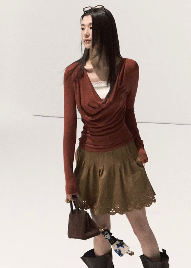 OAKMOO suede skirt, perforated suede skirt, carved hem skirt women, A-line suede mini, fall winter suede skirt, brown suede short skirt, Korean designer suede skirt, sculpted hem skirt, neutral earthy skirts women