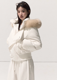 OAKMOO down jacket, white fox fur down jacket, 95 white duck down coat, winter short down parka, fox trim hooded jacket, Korean designer down jacket, warm winter coat women, sculptural down jacket, luxury fox fur collar coat