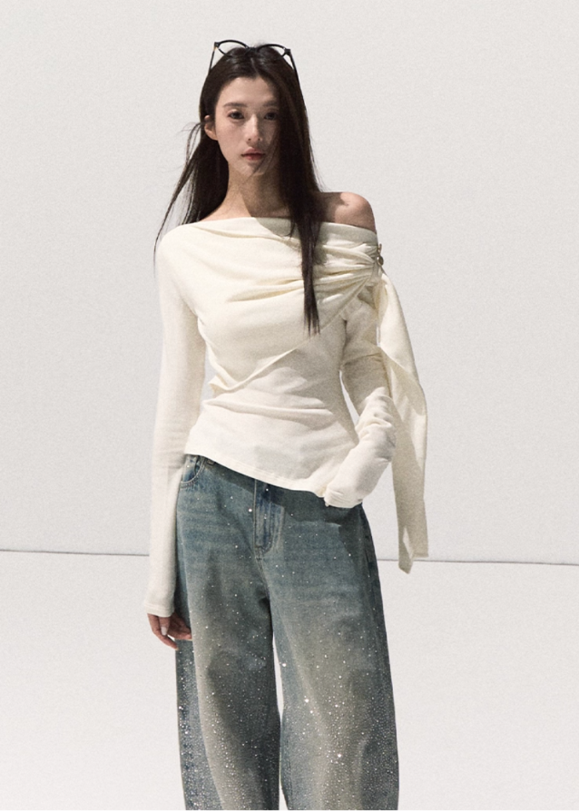 OAKMOO knit top, draped wrap knit shirt, sculptural neckline top, black slim long sleeve women, Korean designer knitwear, winter soft base layer, artistic drape top, quiet luxury knit shirt, minimal wrap top