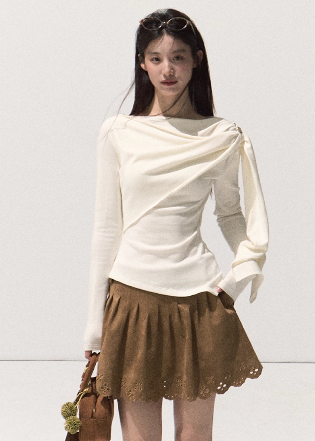 OAKMOO knit top, draped wrap knit shirt, sculptural neckline top, black slim long sleeve women, Korean designer knitwear, winter soft base layer, artistic drape top, quiet luxury knit shirt, minimal wrap top