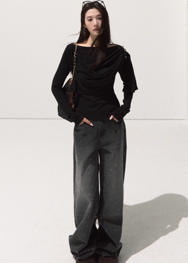 OAKMOO knit top, draped wrap knit shirt, sculptural neckline top, black slim long sleeve women, Korean designer knitwear, winter soft base layer, artistic drape top, quiet luxury knit shirt, minimal wrap top