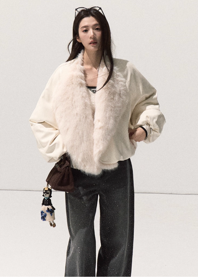 OAKMOO leather down jacket, fox fur collar coat, Samsung 95 white duck down, oversized winter jacket women, luxury fur trim puffer, Korean designer outerwear, sculptural down coat, warm thick winter jacket, premium leather fur bomber, architectural winter fashion