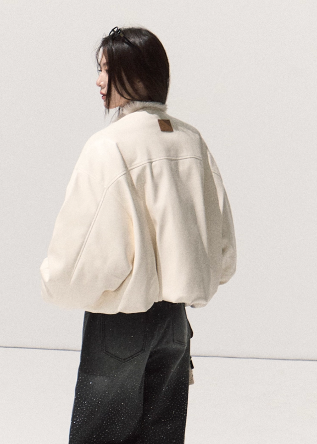 OAKMOO leather down jacket, fox fur collar coat, Samsung 95 white duck down, oversized winter jacket women, luxury fur trim puffer, Korean designer outerwear, sculptural down coat, warm thick winter jacket, premium leather fur bomber, architectural winter fashion