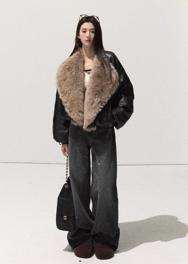 OAKMOO leather down jacket, fox fur collar coat, Samsung 95 white duck down, oversized winter jacket women, luxury fur trim puffer, Korean designer outerwear, sculptural down coat, warm thick winter jacket, premium leather fur bomber, architectural winter fashion