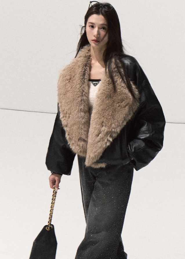 OAKMOO leather down jacket, fox fur collar coat, Samsung 95 white duck down, oversized winter jacket women, luxury fur trim puffer, Korean designer outerwear, sculptural down coat, warm thick winter jacket, premium leather fur bomber, architectural winter fashion