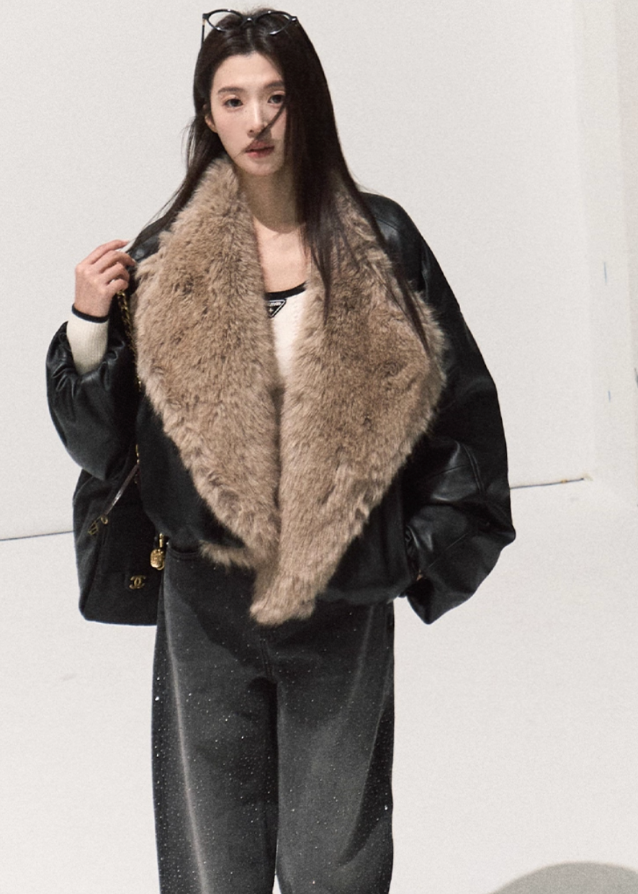 OAKMOO leather down jacket, fox fur collar coat, Samsung 95 white duck down, oversized winter jacket women, luxury fur trim puffer, Korean designer outerwear, sculptural down coat, warm thick winter jacket, premium leather fur bomber, architectural winter fashion