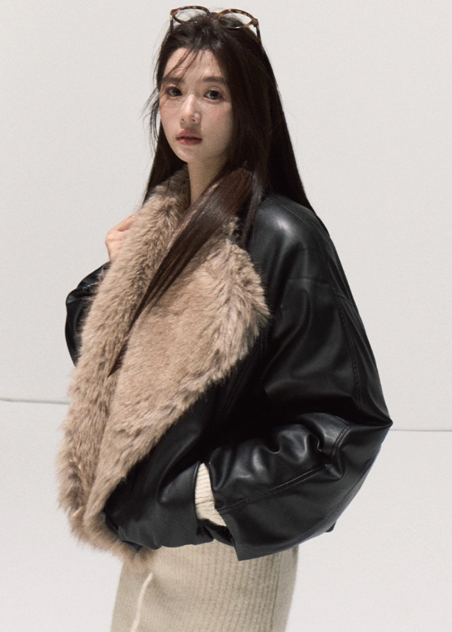 OAKMOO leather down jacket, fox fur collar coat, Samsung 95 white duck down, oversized winter jacket women, luxury fur trim puffer, Korean designer outerwear, sculptural down coat, warm thick winter jacket, premium leather fur bomber, architectural winter fashion