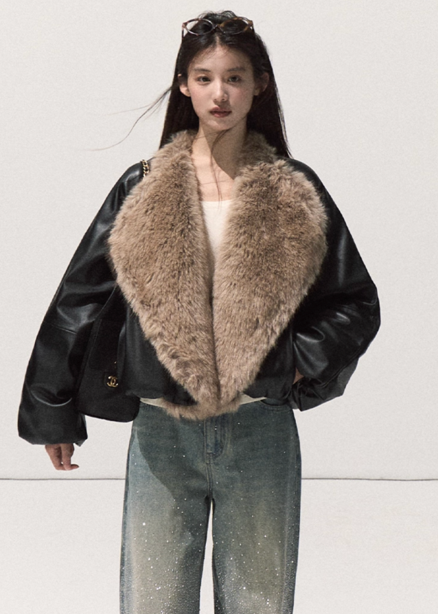 OAKMOO leather down jacket, fox fur collar coat, Samsung 95 white duck down, oversized winter jacket women, luxury fur trim puffer, Korean designer outerwear, sculptural down coat, warm thick winter jacket, premium leather fur bomber, architectural winter fashion