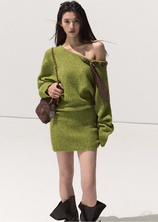 OAKMOO off-shoulder knit dress, wool winter mini dress, sculpted waist sweater dress, soft feminine knitwear, Korean designer dress, winter contour silhouette, long sleeve wool dress, minimal luxury knit, warm off-shoulder dress, winter feminine style